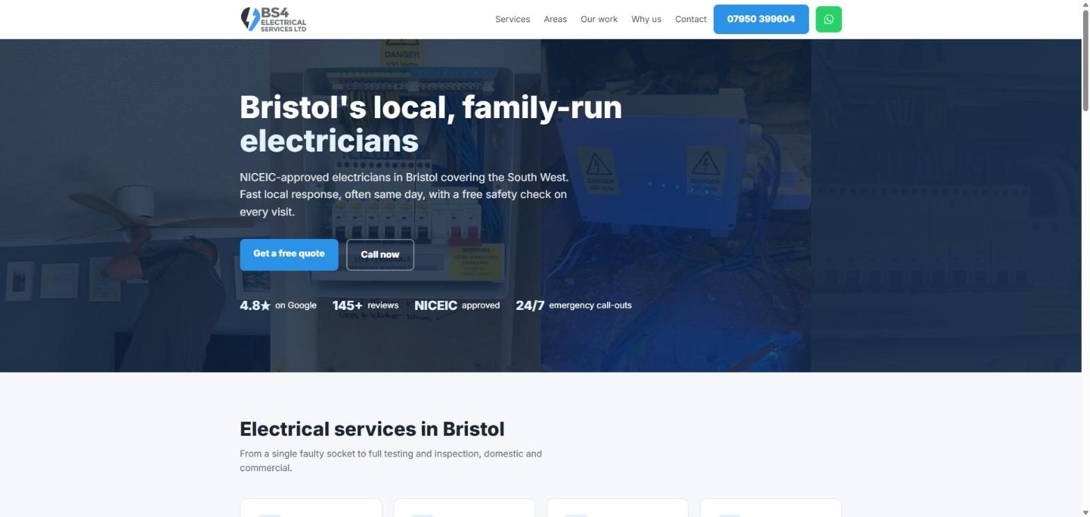 Screenshot of the BS4 Electrical Services website homepage